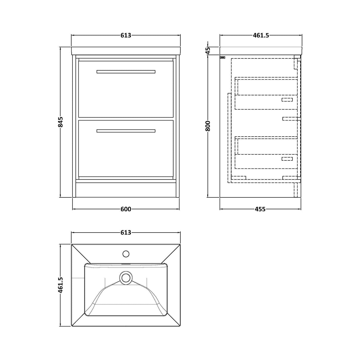 [BFIF2733L] Longnor 2 Drawer Floor Standing Vanity Unit with Modern Fireclay Basin - Choice of Size and Colour - Technical Drawing