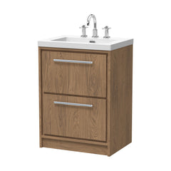 [BFIF2733M] Longnor 2 Drawer Floor Standing Vanity Unit with 3 Tap Hole Modern Fireclay Basin, Antique Oak, 600mm - Cutout