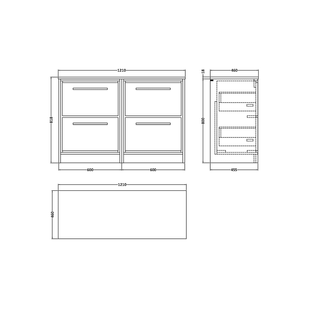 [BFIF2733W2] Longnor 4 Drawer Floor Standing Vanity Unit with Worktop - Choice of Colour - Technical Drawing