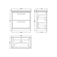 [BFIF2735A] Longnor 2 Drawer Floor Standing Vanity Unit with Traditional Fireclay Basin - Choice of Size and Colour - Technical Drawing