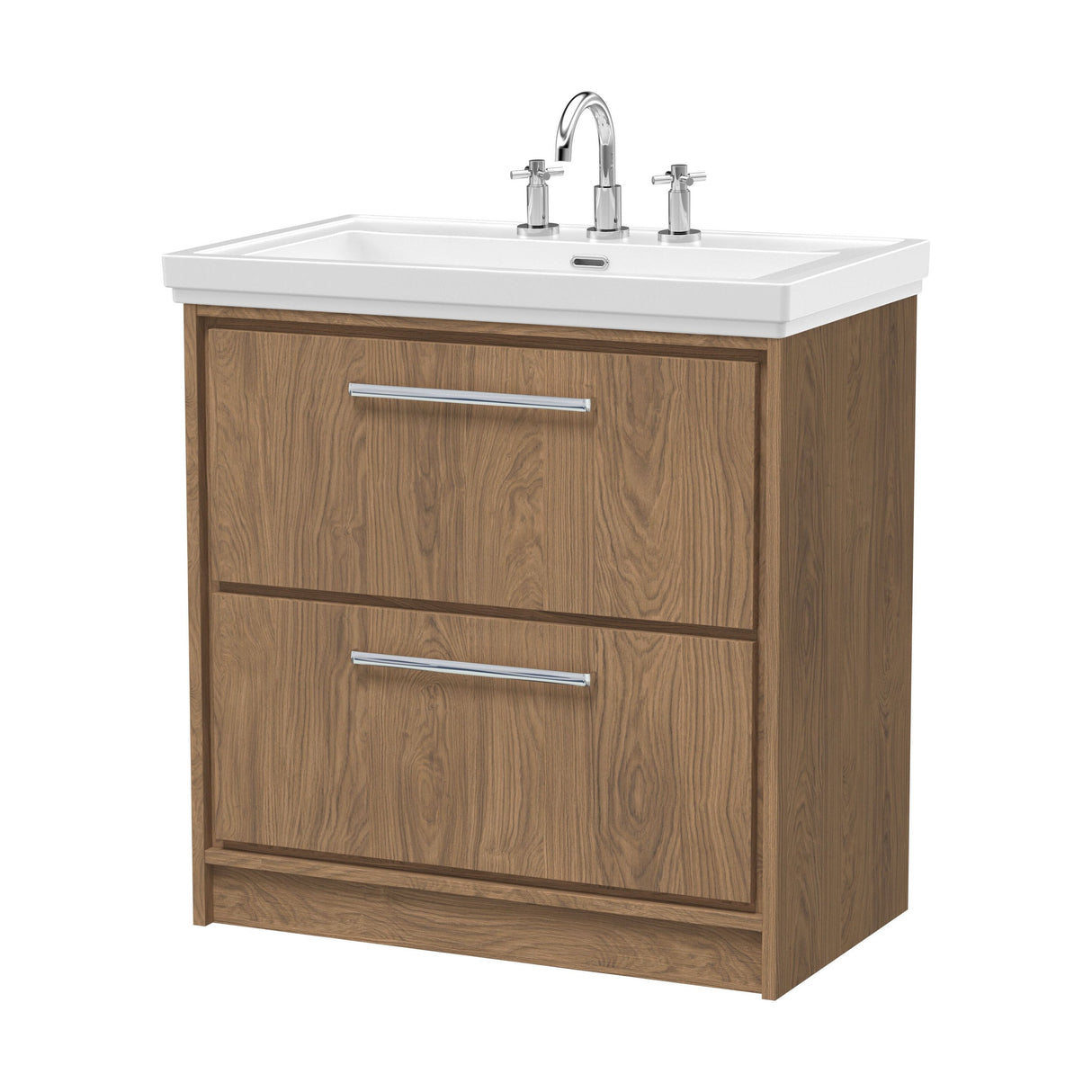 [BFIF2735B] Longnor 2 Drawer Floor Standing Vanity Unit with 3 Tap Hole Traditional Fireclay Basin, Antique Oak, 800mm - Cutout
