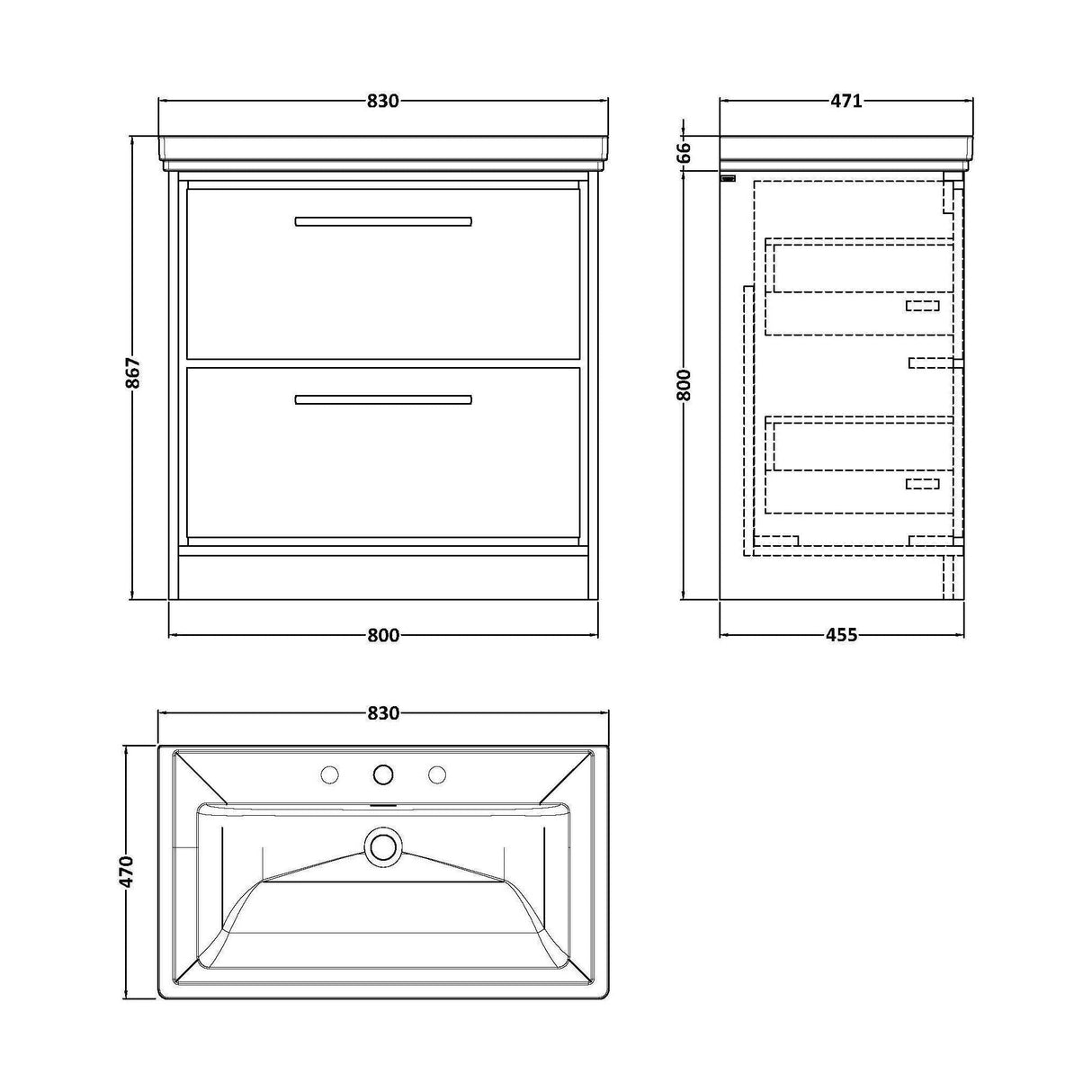 [BFIF2735B] Longnor 2 Drawer Floor Standing Vanity Unit with 3 Tap Hole Traditional Fireclay Basin, Antique Oak, 800mm - Technical Drawing