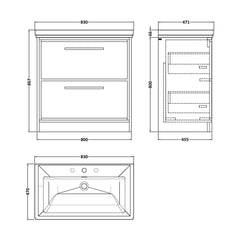 [BFIF2735B] Longnor 2 Drawer Floor Standing Vanity Unit with 3 Tap Hole Traditional Fireclay Basin, Antique Oak, 800mm - Technical Drawing