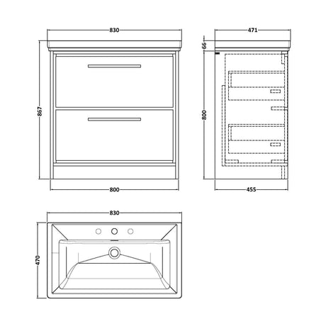 [BFIF2735B] Longnor 2 Drawer Floor Standing Vanity Unit with 3 Tap Hole Traditional Fireclay Basin, Antique Oak, 800mm - Technical Drawing