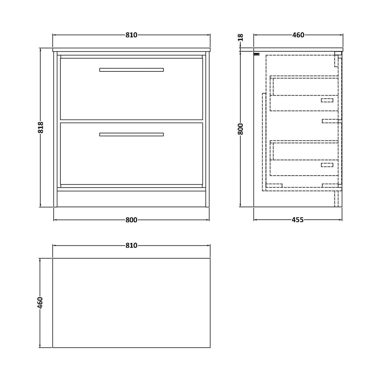 [BFIF2735CMT] Longnor 2 Drawer Floor Standing Vanity Unit with Carrera Marble Worktop, Antique Oak, 800mm - Technical Drawing