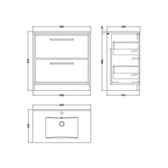 [BFIF2735C] Longnor 2 Drawer Floor Standing Vanity Unit with Minimalist Basin - Choice of Size and Colour - Technical Drawing