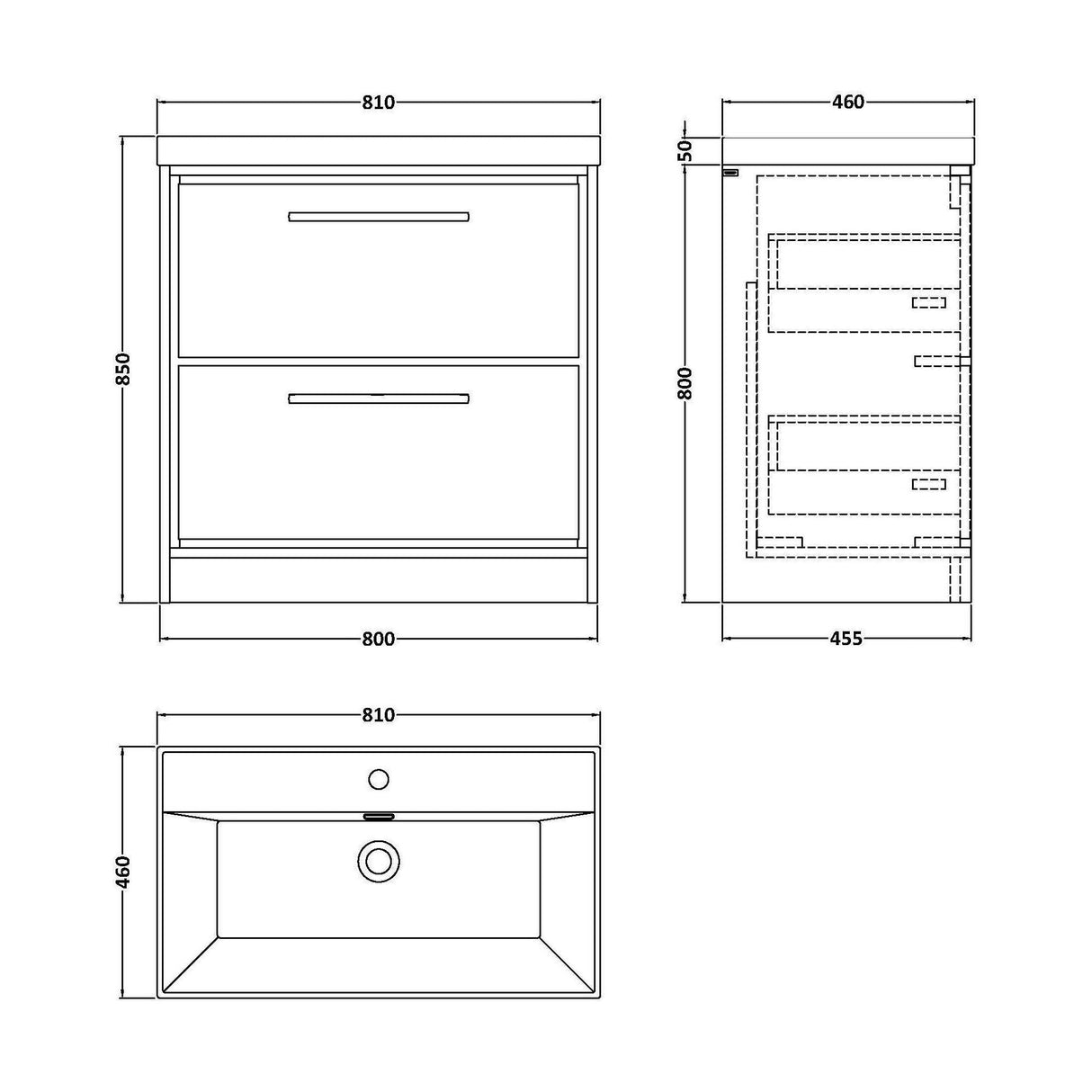 [BFIF2735E] Longnor 2 Drawer Floor Standing Vanity Unit with 1 Tap Hole Thin Edge Basin, Antique Oak, 800mm - Technical Drawing