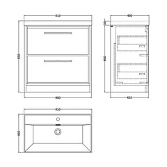 [BFIF2735E] Longnor 2 Drawer Floor Standing Vanity Unit with 1 Tap Hole Thin Edge Basin, Antique Oak, 800mm - Technical Drawing
