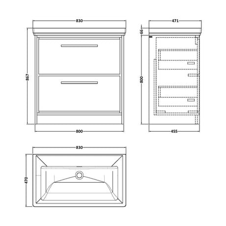 [BFIF2735H] Longnor 2 Drawer Floor Standing Vanity Unit with 0 Tap Hole Traditional Fireclay Basin, Antique Oak, 800mm - Technical Drawing