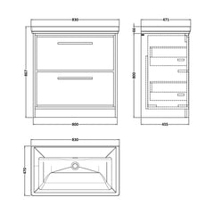 [BFIF2735H] Longnor 2 Drawer Floor Standing Vanity Unit with No Tap Hole Traditional Fireclay Basin - Choice of Size and Colour - Technical Drawing