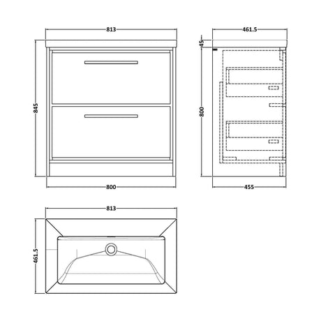 [BFIF2735K] Longnor 2 Drawer Floor Standing Vanity Unit with 1 Tap Hole Modern Fireclay Basin, Antique Oak, 800mm - Technical Drawing