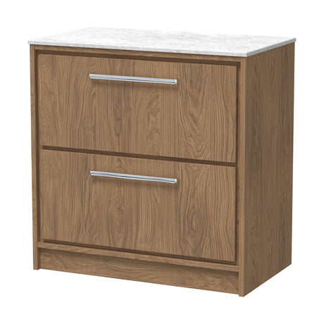[BFIF2735WMT] Longnor 2 Drawer Floor Standing Vanity Unit with White Marble Worktop, Antique Oak, 800mm - Cutout