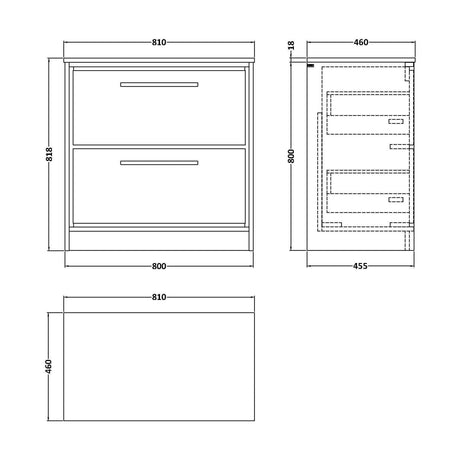 [BFIF2735WMT] Longnor 2 Drawer Floor Standing Vanity Unit with White Marble Worktop, Antique Oak, 800mm - Technical Drawing