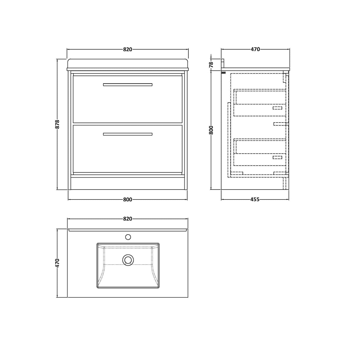 [BFIF2735WS1] Longnor 2 Drawer Floor Standing Vanity Unit with Square Basin and Marble Worktop - Choice of Size and Colour - Technical Drawing