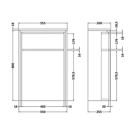 [BFIF2741] Contemporary Floor Standing WC Unit - 818 x 555 x 260mm - Antique Oak - Technical Drawing