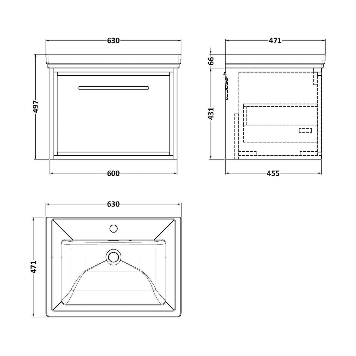 [BFIF3022A] Longnor 1 Drawer Wall Hung Vanity Unit with Traditional Fireclay Basin - Choice of Size and Colour - Technical Drawing