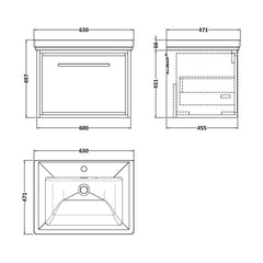 [BFIF3022A] Longnor 1 Drawer Wall Hung Vanity Unit with Traditional Fireclay Basin - Choice of Size and Colour - Technical Drawing