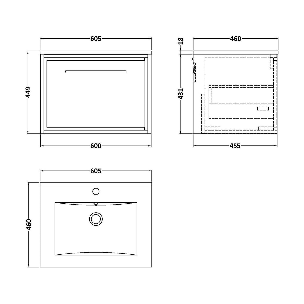 [BFIF3022C] Longnor 1 Drawer Wall Hung Vanity Unit with Minimalist Basin - Choice of Size and Colour - Technical Drawing