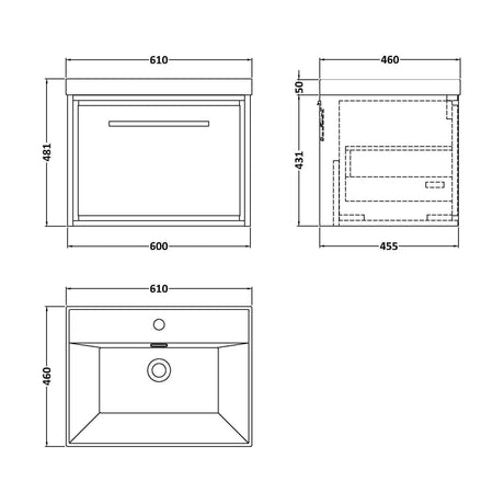 [BFIF3022E] Longnor 1 Drawer Wall Hung Vanity Unit with 1 Tap Hole Thin Edge Basin, Light Oak, 600mm - Technical Drawing