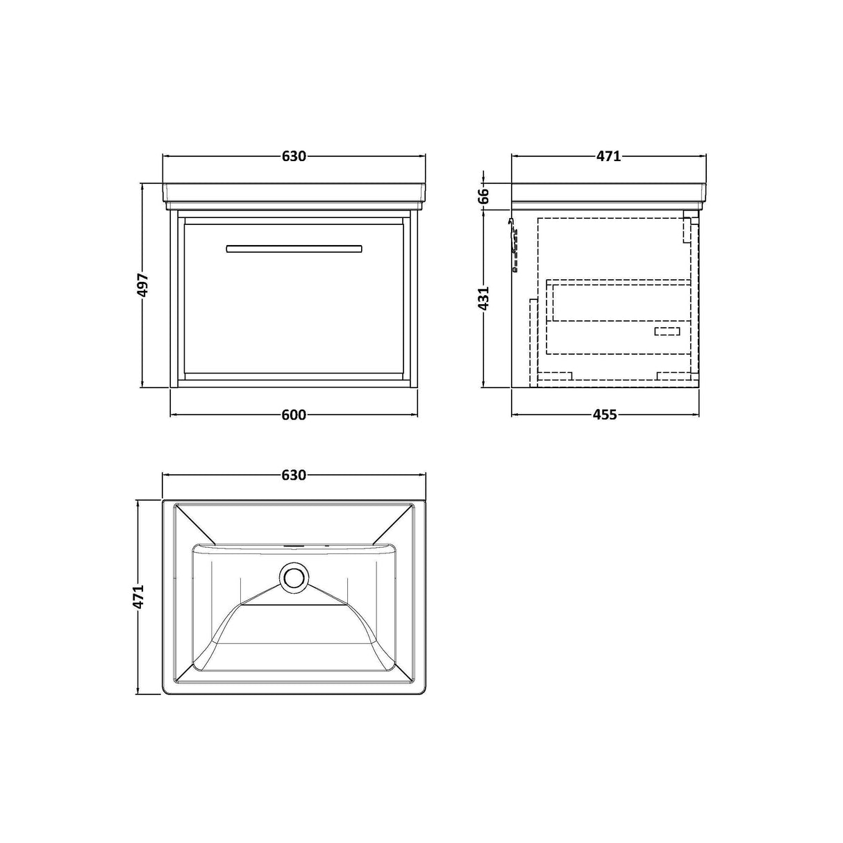 [BFIF3022H] Longnor 1 Drawer Wall Hung Vanity Unit with No Tap Hole Traditional Fireclay Basin - Choice of Size and Colour - Technical Drawing