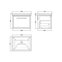 [BFIF3022H] Longnor 1 Drawer Wall Hung Vanity Unit with No Tap Hole Traditional Fireclay Basin - Choice of Size and Colour - Technical Drawing