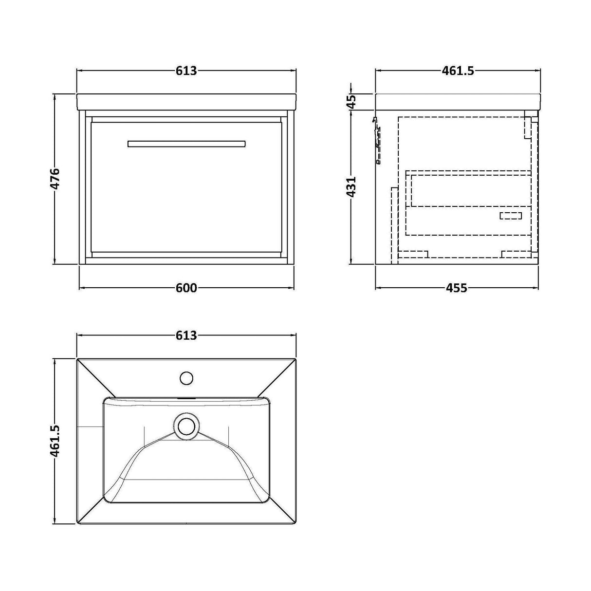 [BFIF3022L] Longnor 1 Drawer Wall Hung Vanity Unit with Modern Fireclay Basin - Choice of Size and Colour - Technical Drawing