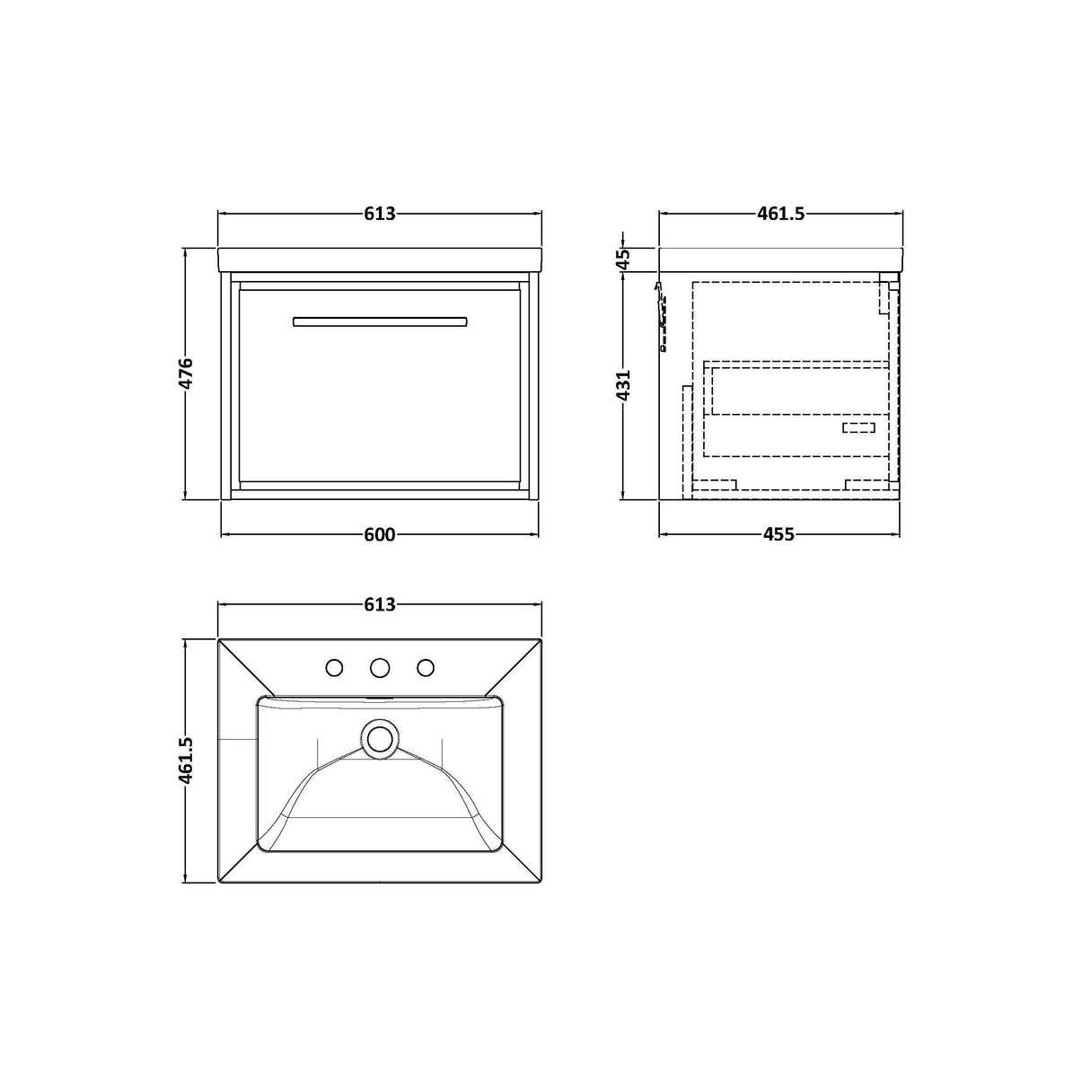 [BFIF3022M] Longnor 1 Drawer Wall Hung Vanity Unit with 3 Tap Hole Modern Fireclay Basin - Choice of Size and Colour - Technical Drawing
