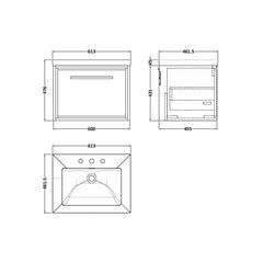 [BFIF3022M] Longnor 1 Drawer Wall Hung Vanity Unit with 3 Tap Hole Modern Fireclay Basin - Choice of Size and Colour - Technical Drawing