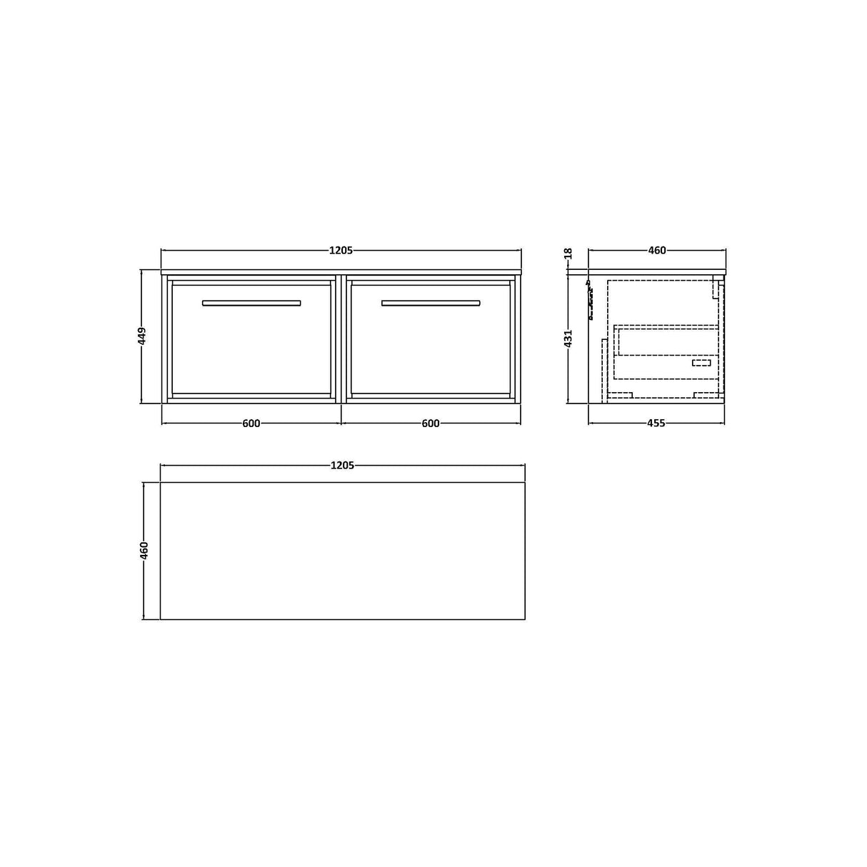 [BFIF3022W2] Longnor 2 Drawer Wall Hung Vanity Unit with Worktop - Choice of Colour - Technical Drawing