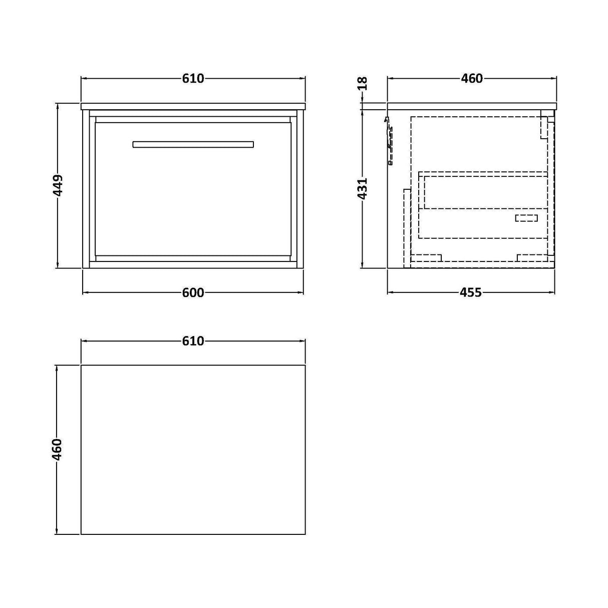 [BFIF3022WMT] Longnor 1 Drawer Wall Hung Vanity Unit with White Marble Worktop - Choice of Size and Colour - Technical Drawing