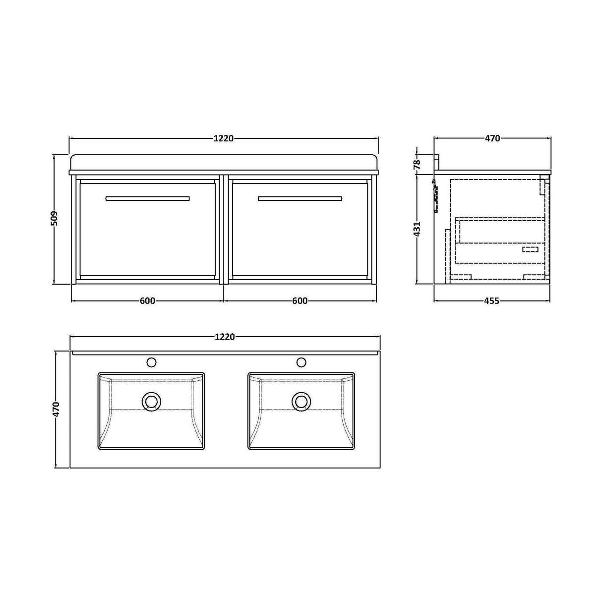 [BFIF3022WS2] Longnor 2 Drawer Wall Hung Vanity Unit with Square Basin and Marble Worktop, 1200mm, Choice of Colour - Technical Drawing