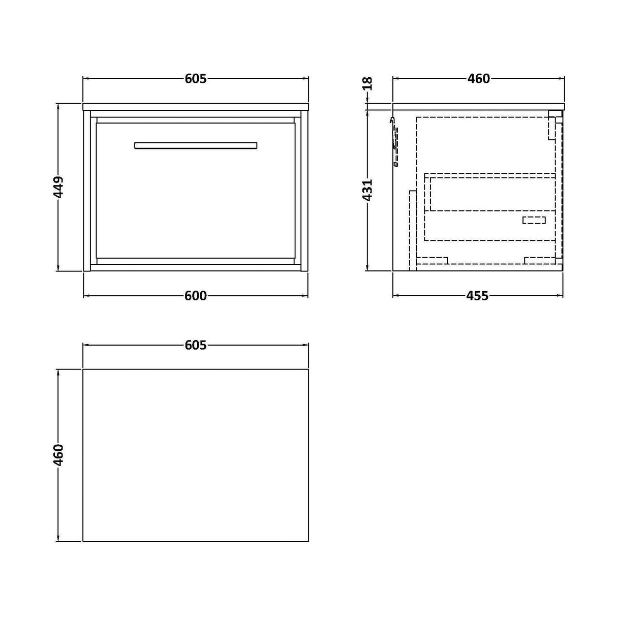[BFIF3022W] Longnor 1 Drawer Wall Hung Vanity Unit with Worktop - Choice of Size and Colour - Technical Drawing