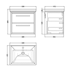 [BFIF3024A] Longnor 2 Drawer Wall Hung Vanity Unit with 1 Tap Hole Traditional Fireclay Basin, Choice of Size and Colour - Technical Drawing