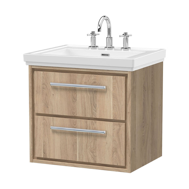 [BFIF3024B] Longnor 2 Drawer Wall Hung Vanity Unit with 3 Tap Hole Traditional Fireclay Basin, Light Oak, 600mm - Cutout