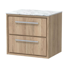 [BFIF3024CMT] Longnor 2 Drawer Wall Hung Vanity Unit with Carrera Marble Worktop, Light Oak, 600mm - Cutout
