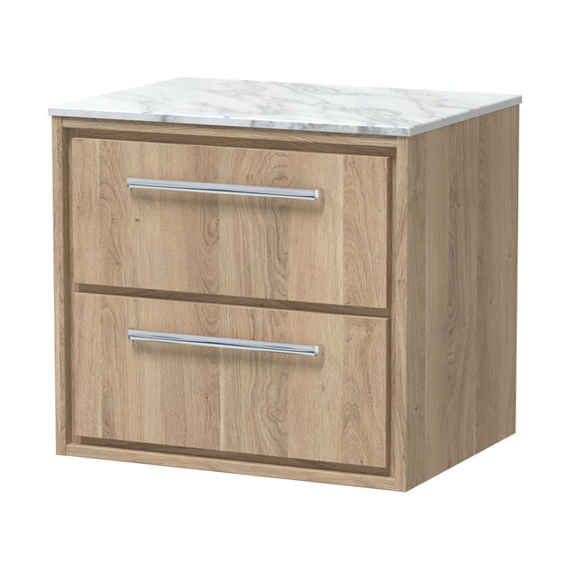 [BFIF3024CMT] Longnor 2 Drawer Wall Hung Vanity Unit with Carrera Marble Worktop, Light Oak, 600mm - Cutout