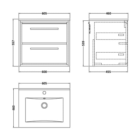 [BFIF3024C] Longnor 2 Drawer Wall Hung Vanity Unit with 1 Tap Hole Minimalist Basin, Light Oak, 600mm - Technical Drawing