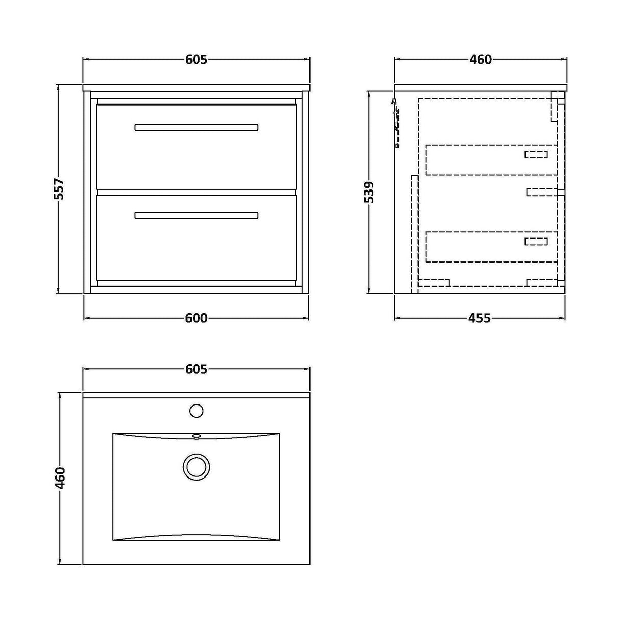 [BFIF3024C] Longnor 2 Drawer Wall Hung Vanity Unit with Minimalist Basin - Choice of Size and Colour - Technical Drawing