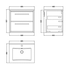 [BFIF3024C] Longnor 2 Drawer Wall Hung Vanity Unit with Minimalist Basin - Choice of Size and Colour - Technical Drawing