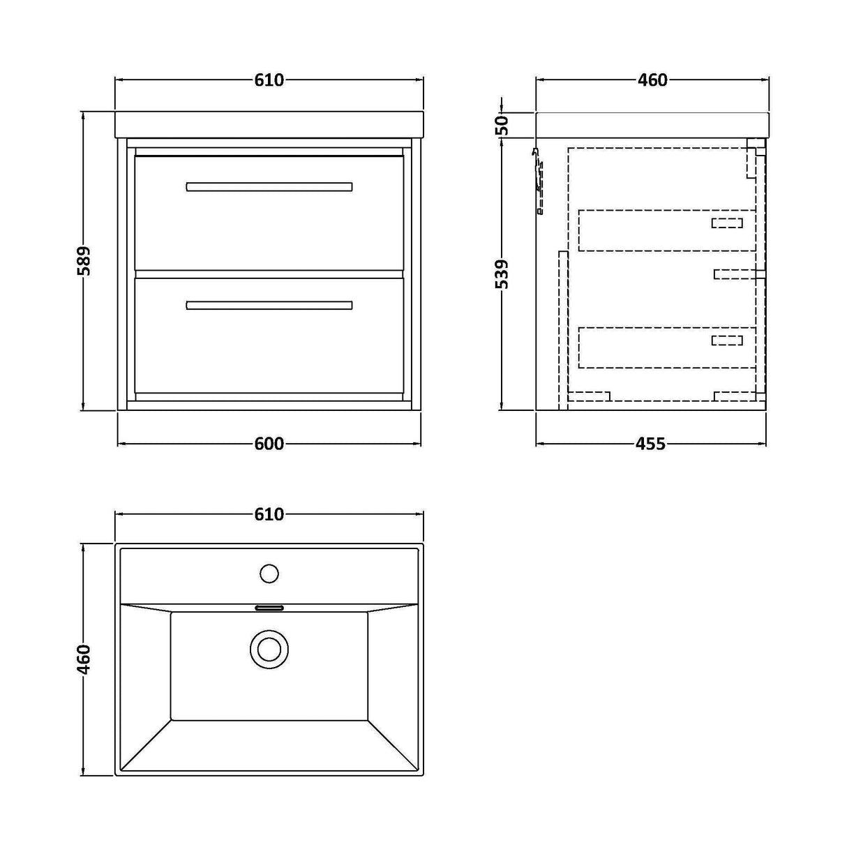 [BFIF3024E] Contemporary Longnor 2 Drawer Wall Hung Vanity Unit with 1 Tap Hole Thin Edge Basin, Choice of Size and Colour - Technical Drawing