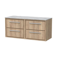 [BFIF3024GMT2] Longnor 4 Drawer Wall Hung Vanity Unit with Grey Marble Worktop, Light Oak, 600mm - Cutout