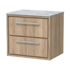 [BFIF3024GMT] Longnor 2 Drawer Wall Hung Vanity Unit with Grey Marble Worktop, Light Oak, 600mm - Cutout