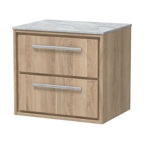 [BFIF3024GMT] Longnor 2 Drawer Wall Hung Vanity Unit with Grey Marble Worktop, Light Oak, 600mm - Cutout