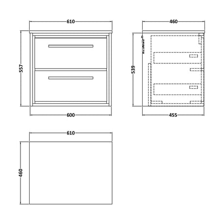 [BFIF3024GMT] Longnor 2 Drawer Wall Hung Vanity Unit with Grey Marble Worktop, Light Oak, 600mm - Technical Drawing