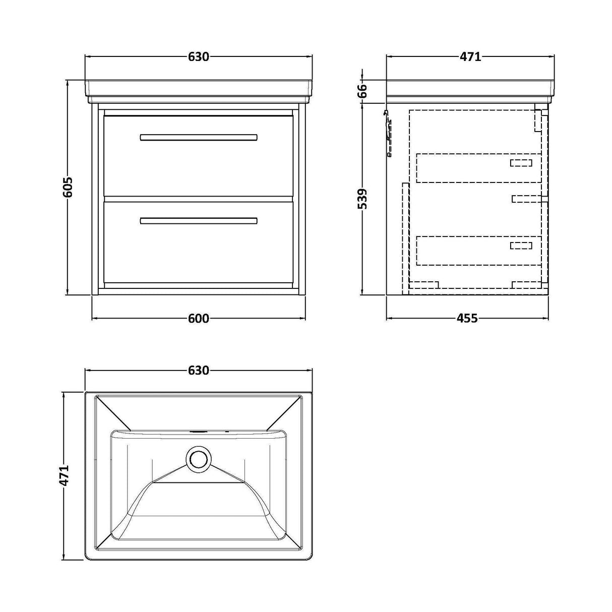 [BFIF3024H] Longnor 2 Drawer Wall Hung Vanity Unit with No Tap Hole Traditional Fireclay Basin - Choice of Size and Colour - Technical Drawing