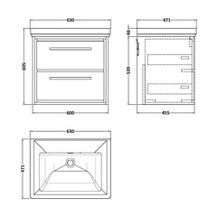 [BFIF3024H] Longnor 2 Drawer Wall Hung Vanity Unit with No Tap Hole Traditional Fireclay Basin - Choice of Size and Colour - Technical Drawing