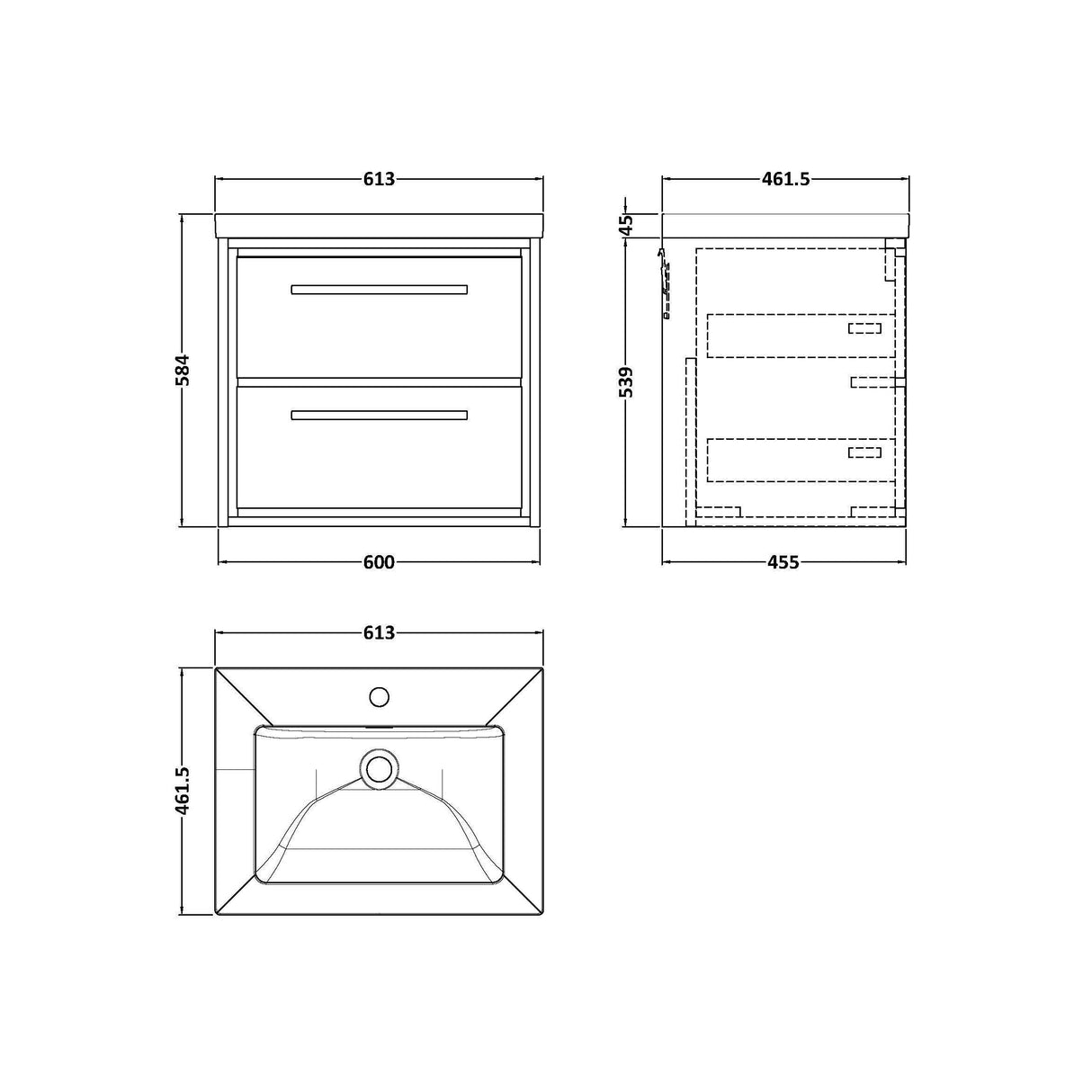 [BFIF3024L] Longnor 2 Drawer Wall Hung Vanity Unit with Modern Fireclay Basin - Choice of Size and Colour - Technical Drawing
