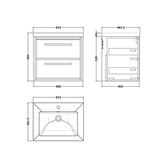 [BFIF3024L] Longnor 2 Drawer Wall Hung Vanity Unit with Modern Fireclay Basin - Choice of Size and Colour - Technical Drawing