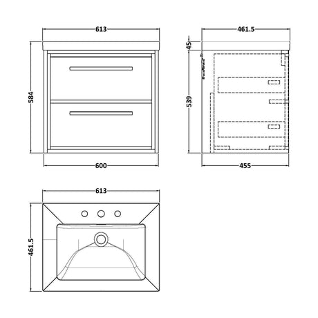 [BFIF3024M] Longnor 2 Drawer Wall Hung Vanity Unit with 3 Tap Hole Modern Fireclay Basin, Light Oak, 600mm - Technical Drawing