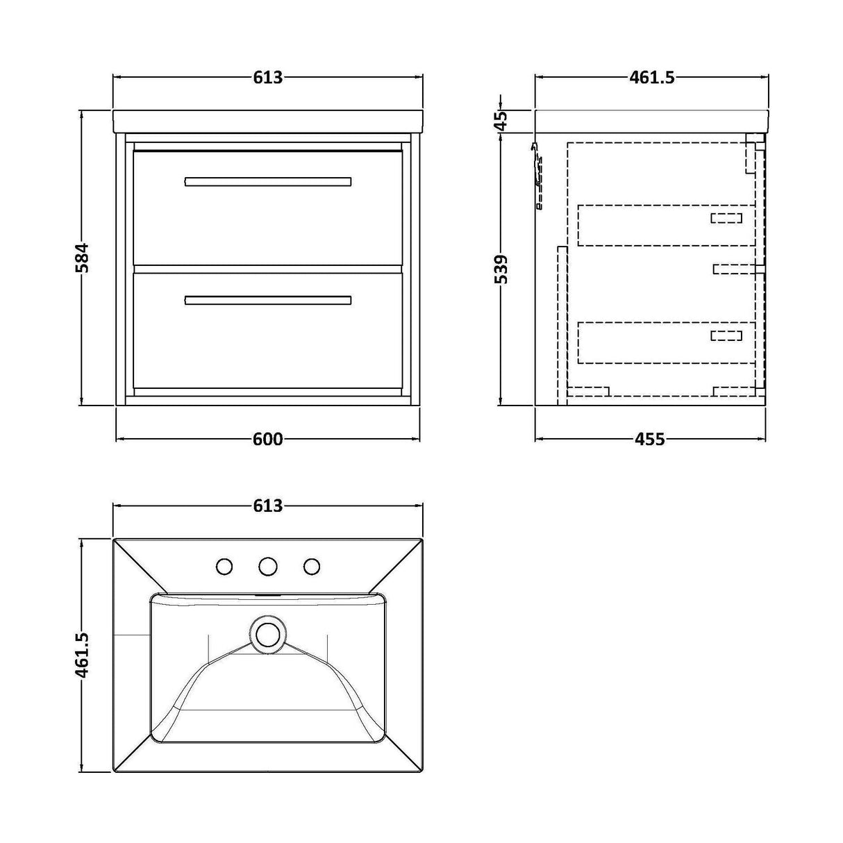 [BFIF3024M] Longnor 2 Drawer Wall Hung Vanity Unit with 3 Tap Hole Modern Fireclay Basin - Choice of Size and Colour - Technical Drawing